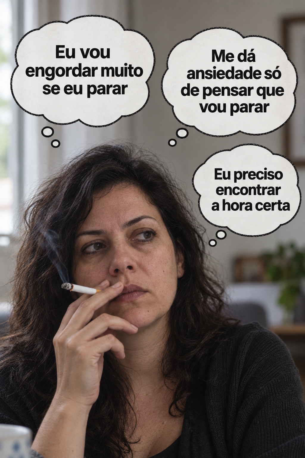 Mulher fumando com três balões de pensamento: “Eu vou engordar muito se eu parar”, “Me dá ansiedade só de pensar que vou parar” e “Eu preciso encontrar a hora certa”